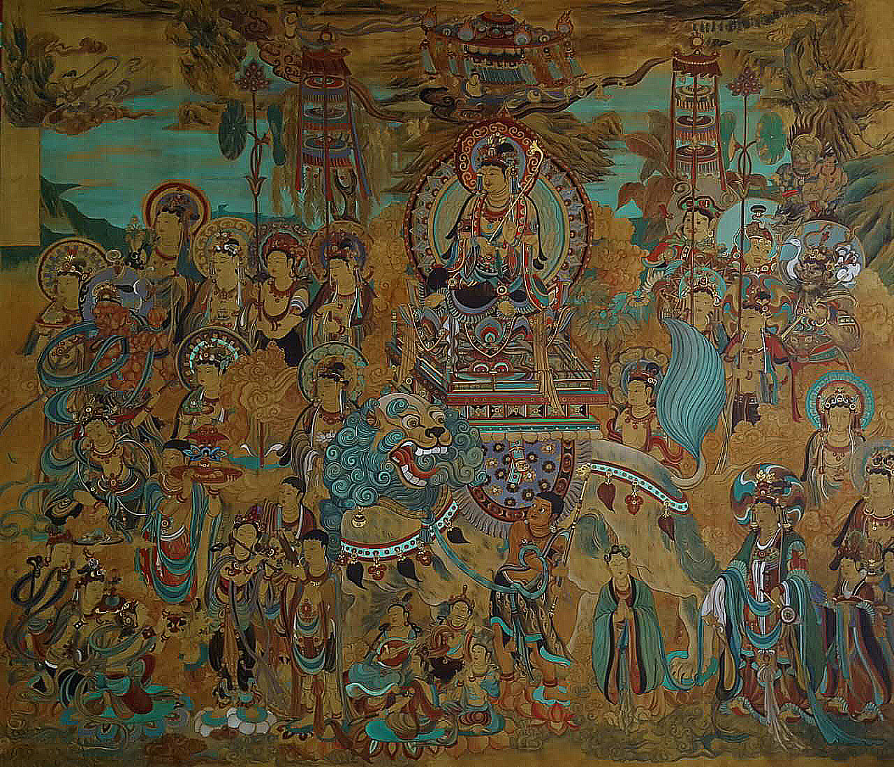 文殊是智慧的象征,骑着狮子,道场是五台山.