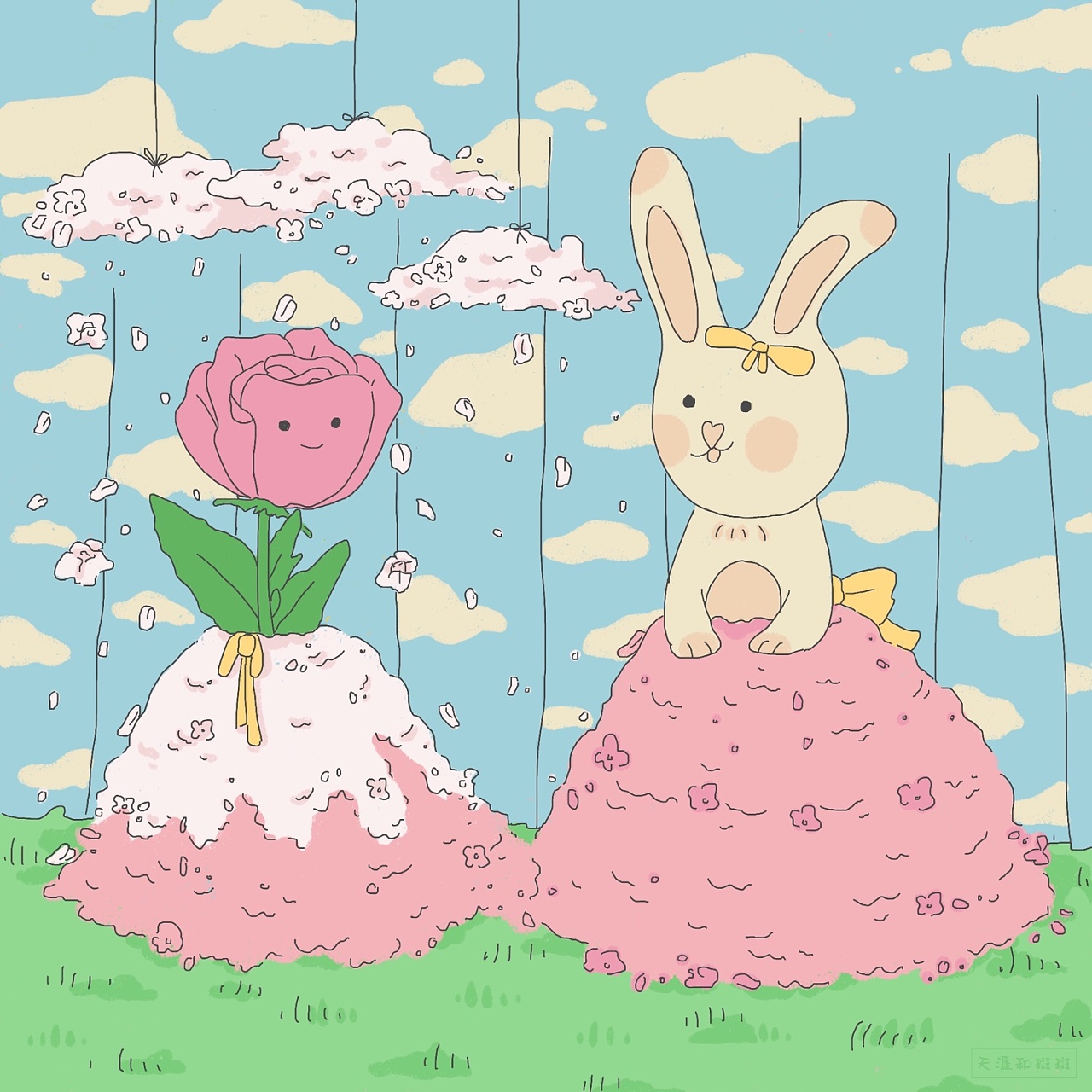 可爱的小兔子带着花坐在雨伞里插画图片素材_ID:420759844-Veer图库