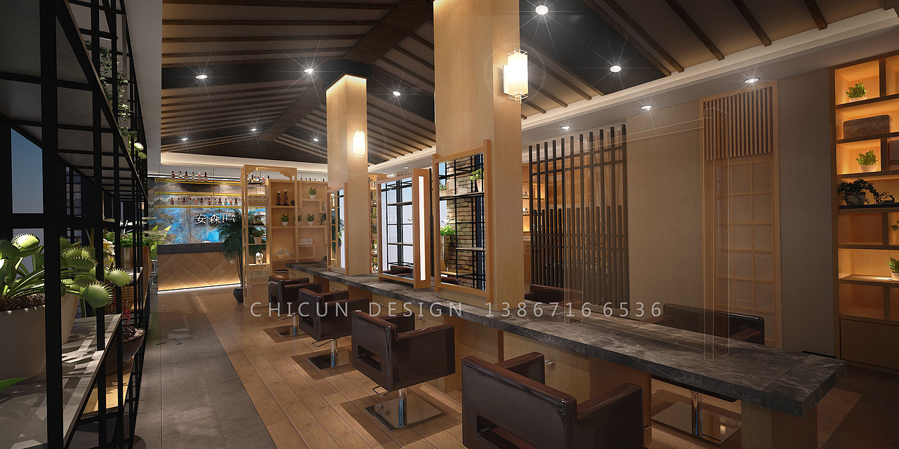 尺寸设计|安森新中式理发店空间设计 发廊设计效果图