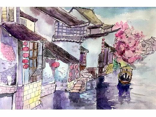 古镇写生水彩