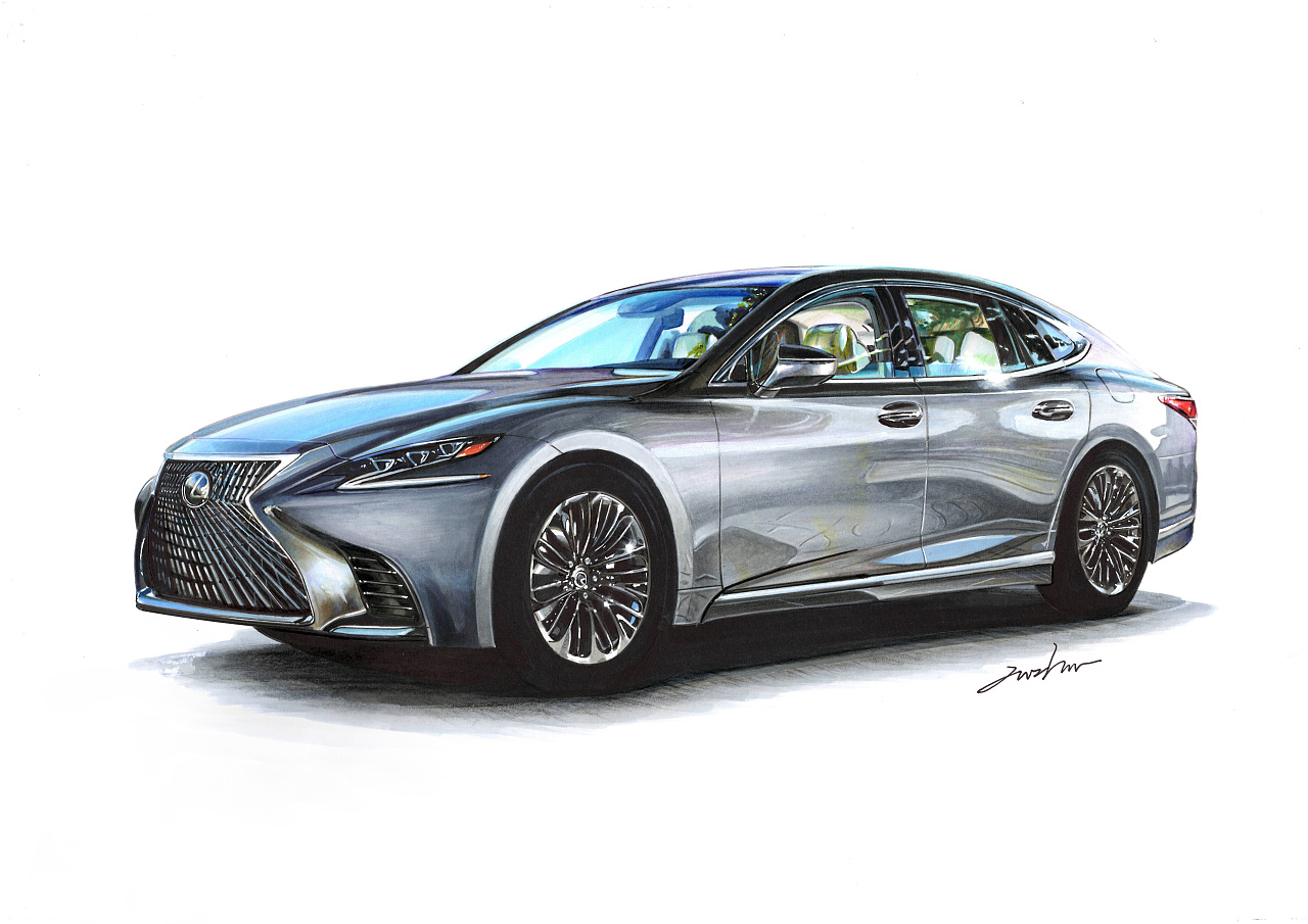 马克笔汽车手绘雷克萨斯ls500