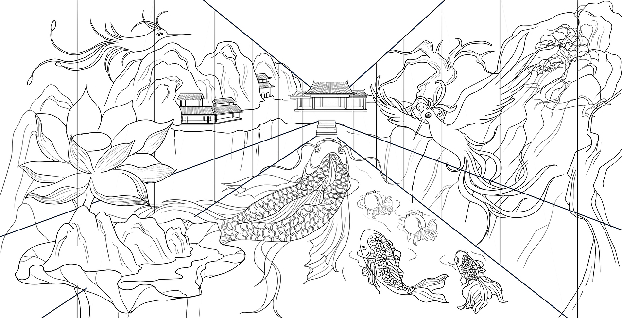 鲲鹏瀑、陶香洞天、佛龛仙门、仙鸿桥 仙门水镇 插画