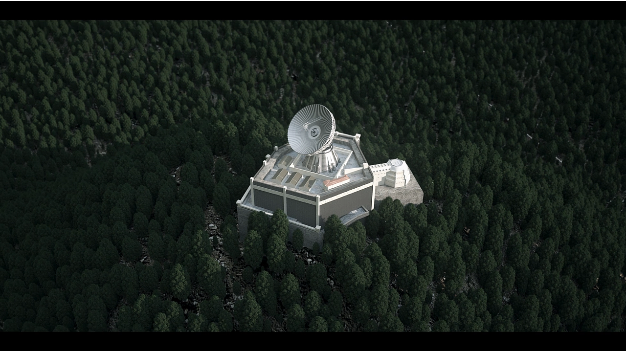 这个镜头是模拟直升机降落前在空中盘旋时俯瞰红岸基地的视角.