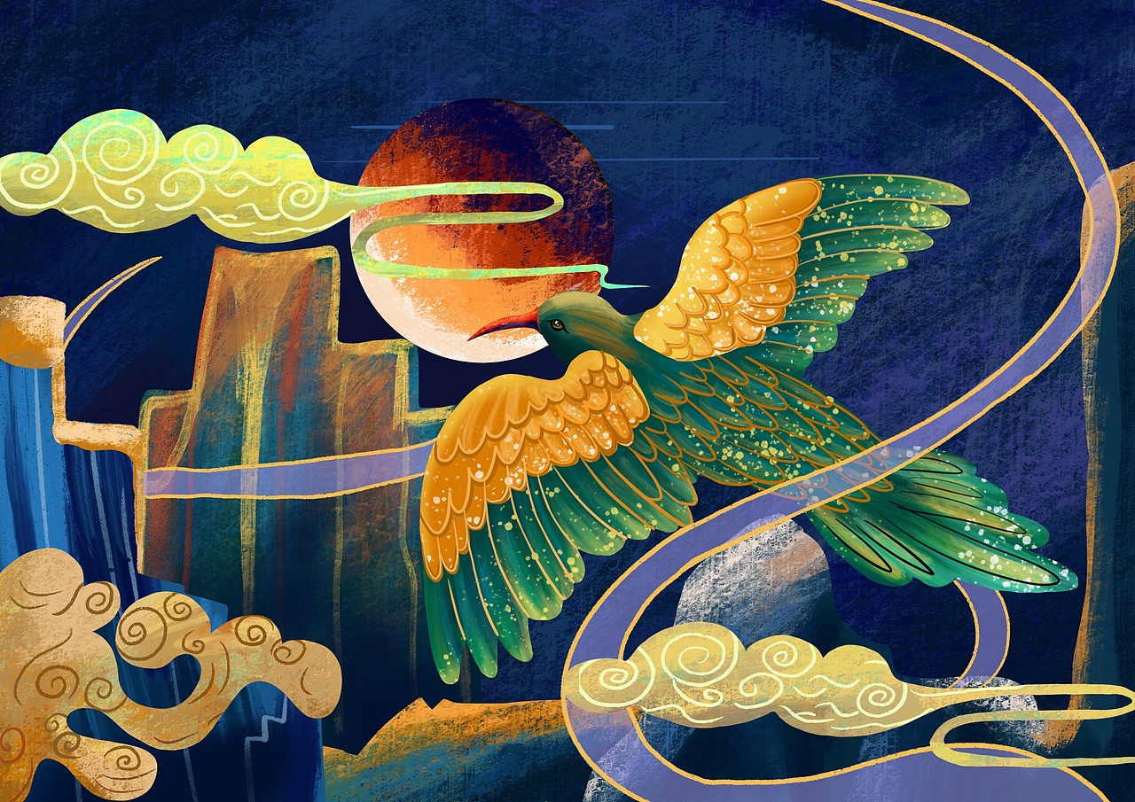 国潮重彩风插画-孔雀东南飞（图ZMjE1OTQ4MTI4） - 创作习作 - 站酷设计师设计小J原创素材 - 站酷ZCOOL