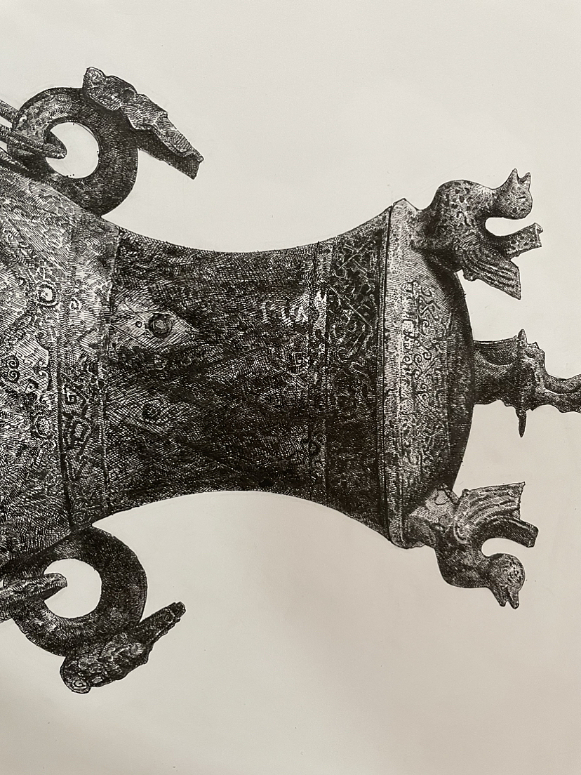 钢笔画-战国•错金银立鸟几何纹铜壶