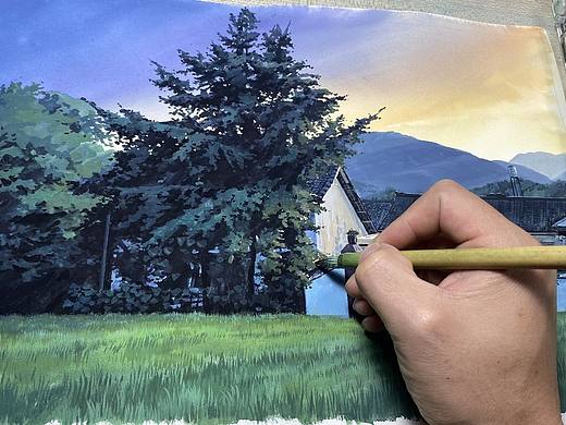 手绘家乡的风景，不透明水彩