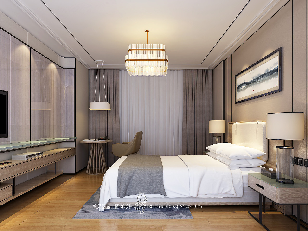 新中式酒店客房标准双人间 模型SU模型下载[ID:105203113]_建E室内设计网