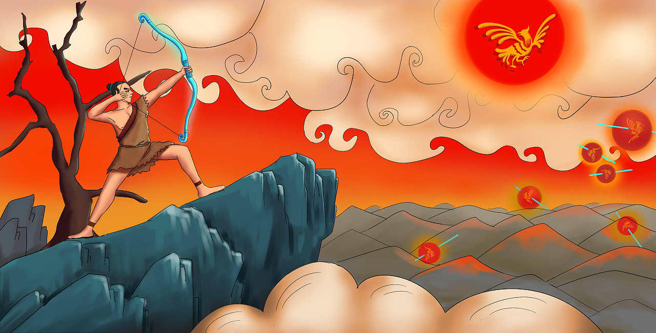 凉爽的女孩与热的要射日的后羿