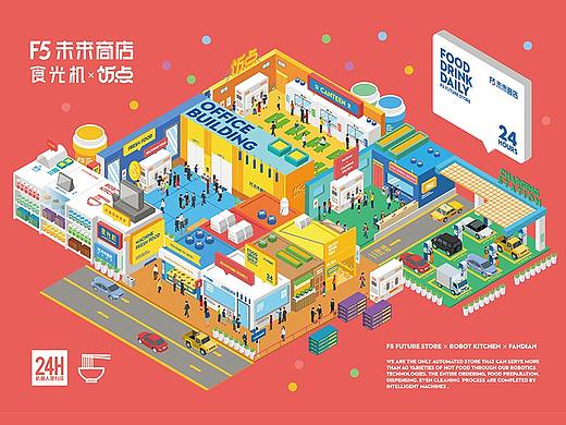 未来商店店铺与机器的2.5d插画