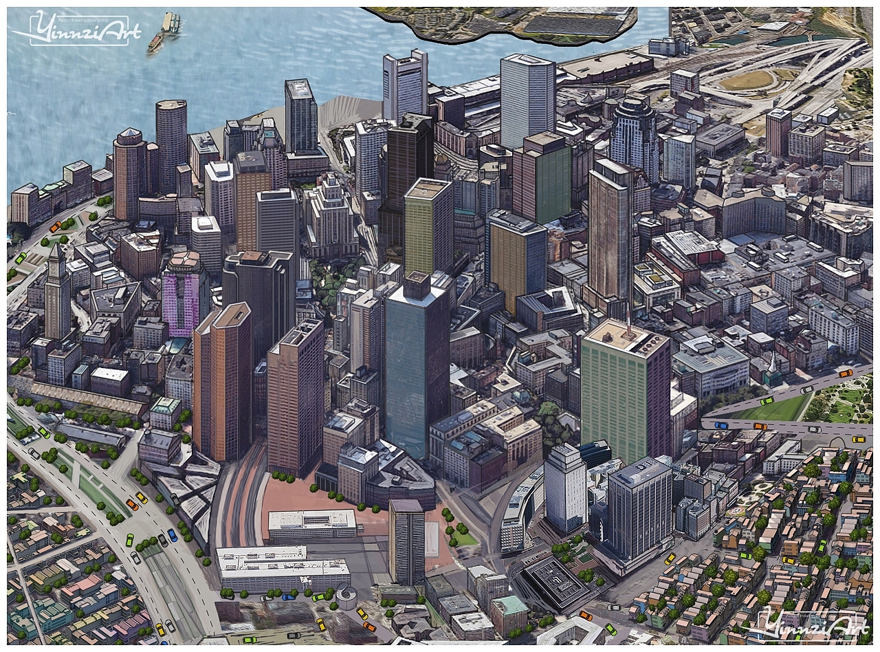 原创鸟瞰城市地图插画系列《波士顿》