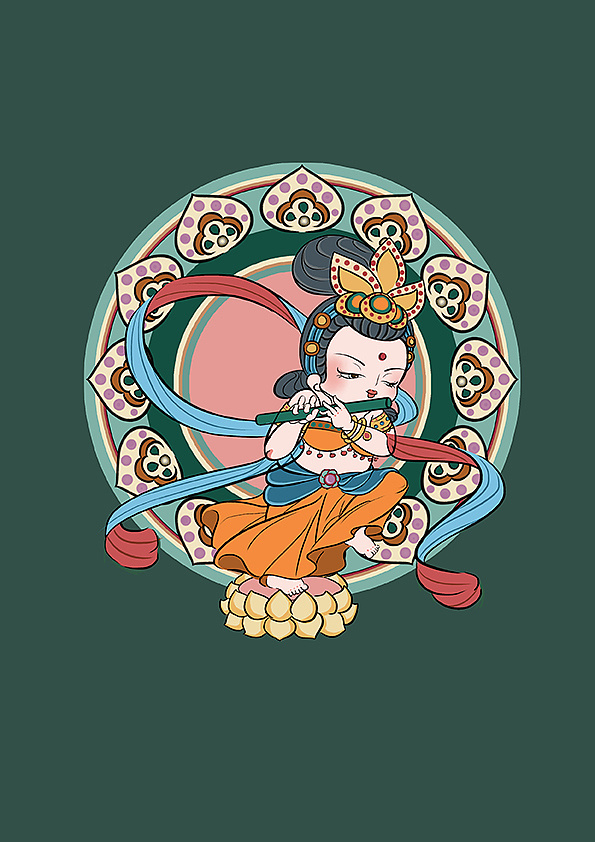 敦煌飞天仕女吹奏笛子