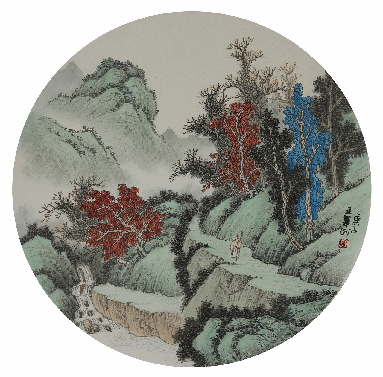国画山水团扇青绿山水画家王军河作品