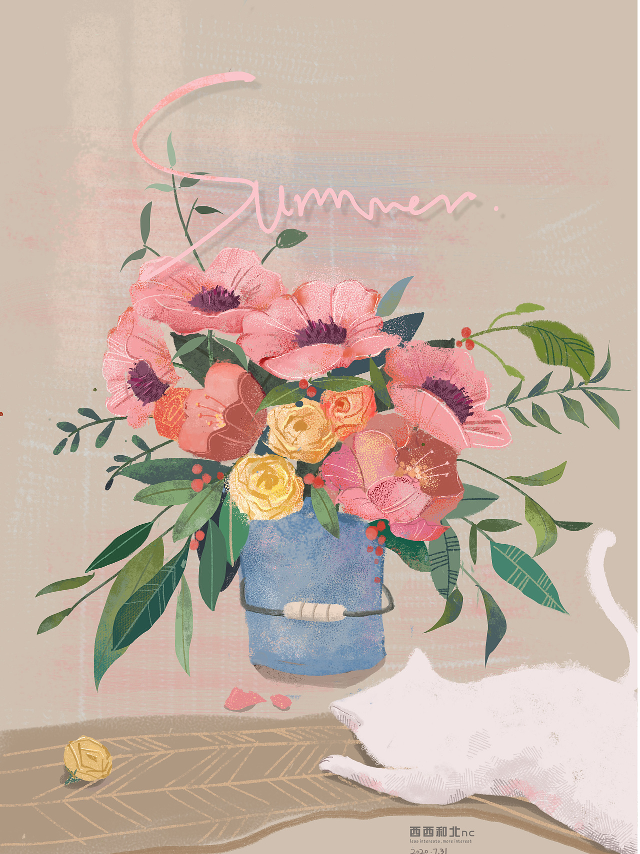 summer系列-猫咪和花|插画|商业插画|西西和北nc - 原创作品 - 站酷