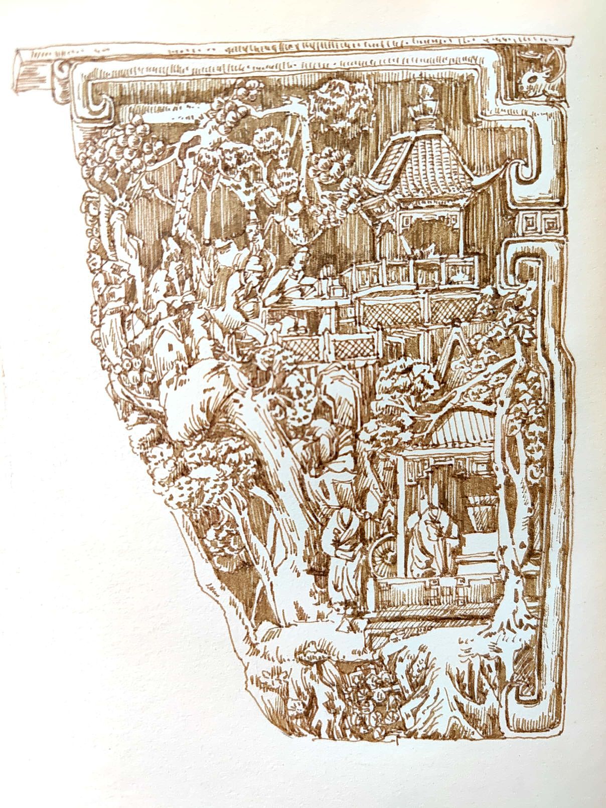 建筑木雕牛腿钢笔画