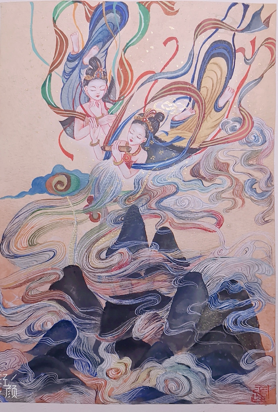 古风水彩插画人物敦煌飞天
