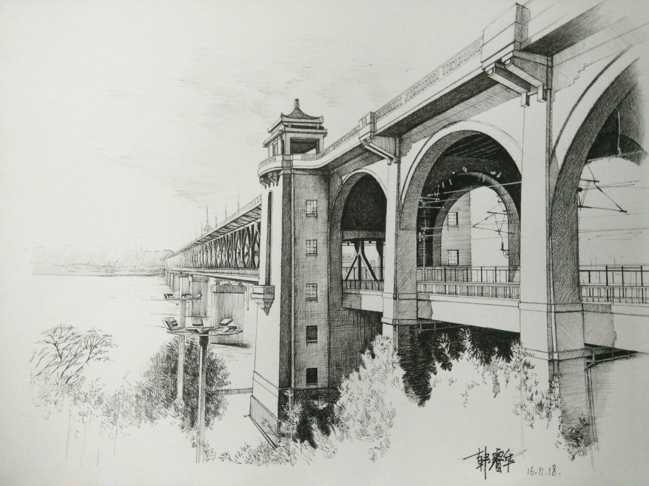 九江长江大桥素描图片