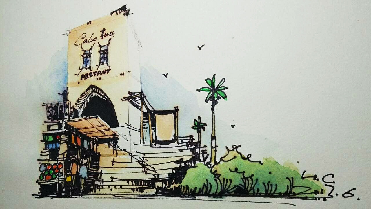 钢笔淡彩建筑风景速写