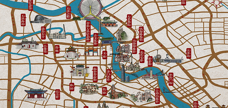 手绘中国风-天津旅游地图