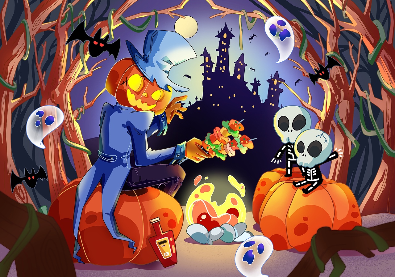 万圣节🎃烧烤记（图ZMzUzODg3NzQw） - 商业插画 - 站酷设计师青雨Z原创素材 - 站酷ZCOOL