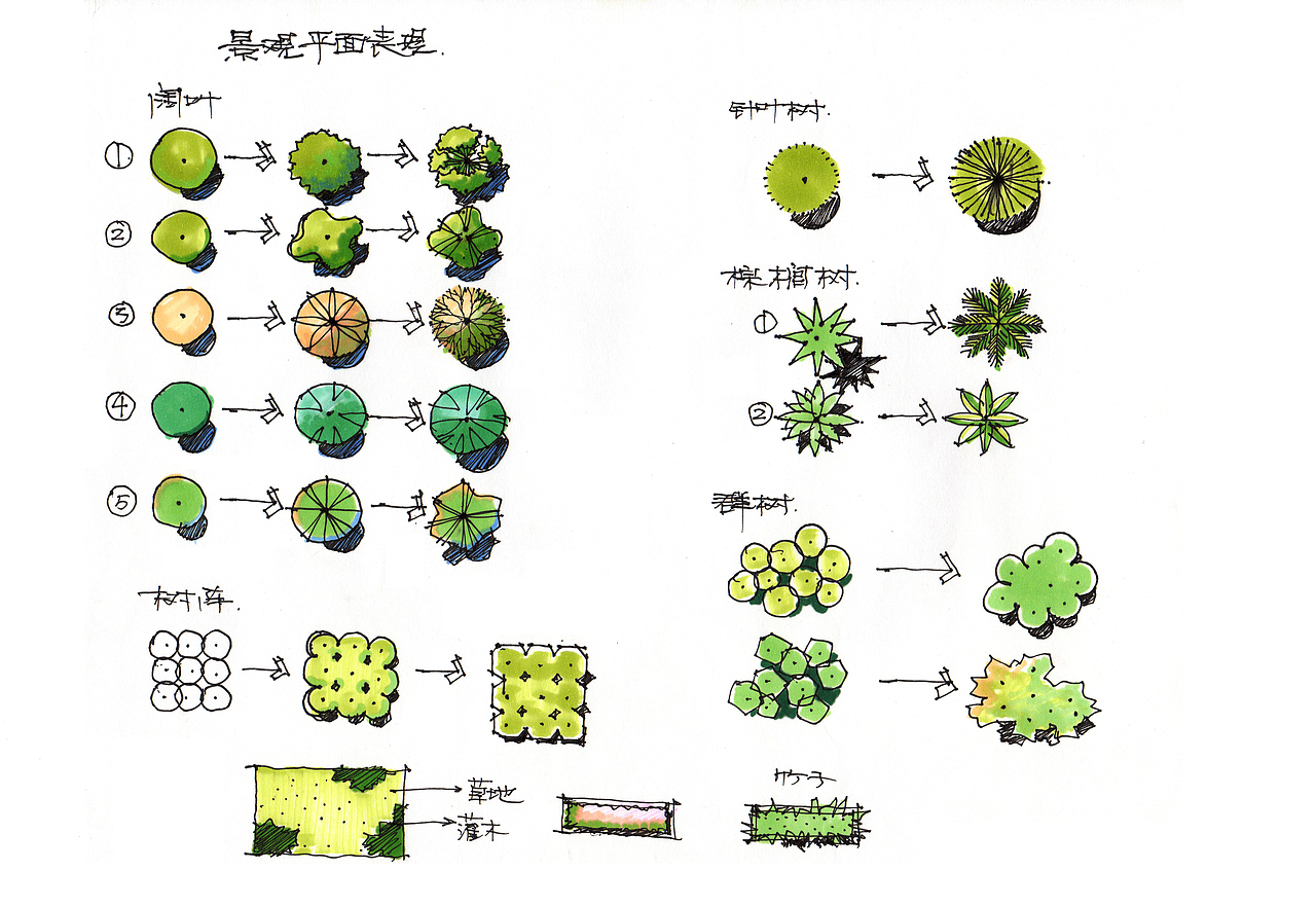 匠人营国景观手绘植物水景石头人物交通工具以及平面造型手绘练习大全