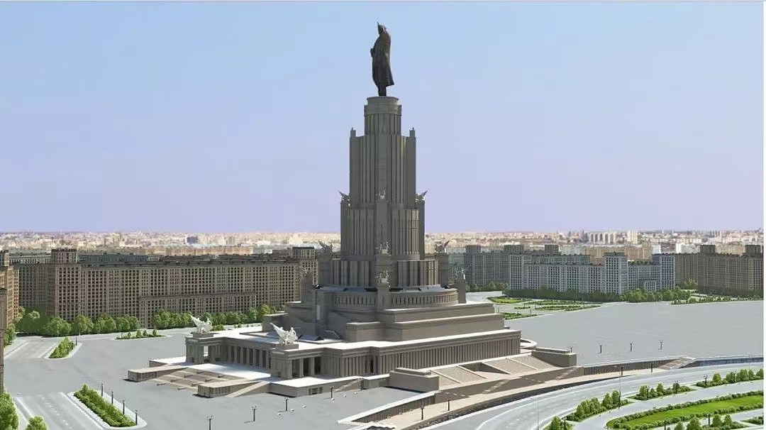 俄国(苏联)在三十年代未建成的苏维埃宫比帝国大厦还高出34米,因二战