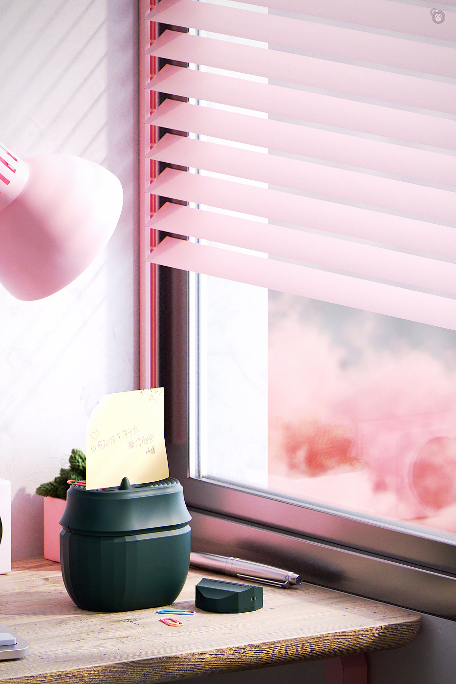 熟悉我的小伙伴一定能感受到阿吉似乎有一些独特的收纳情怀。
所以为了让充电仓在不使用的情况下，不至于变成一个占地摆设。阿吉给“鸟嘴”的正中间设计了一条缝，赋予简单的便签夹功能。从远处看仿佛一只报喜鸟，迎接每日辛勤工作的你。