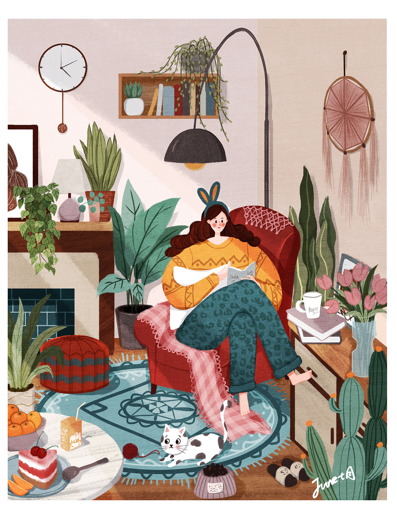 扁平风插画 室内小场景 丝网印风格 夸张人物插画