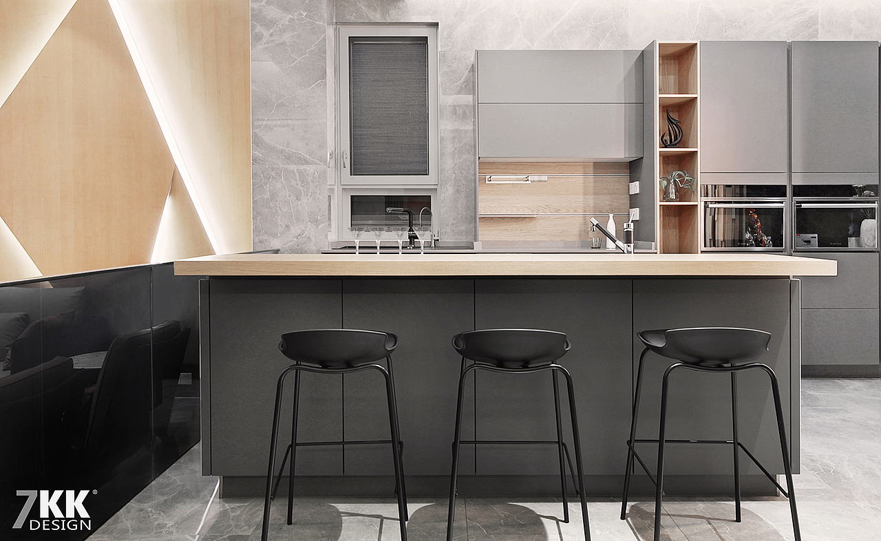 开放式厨房集休闲与实用一体,岛台台面采用石英石搭配灰色烤漆门板,中西厨分离的形式,新颖时尚。也是高品质家居的一种体现。