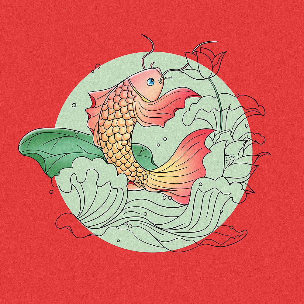 手绘国潮锦鲤荷花