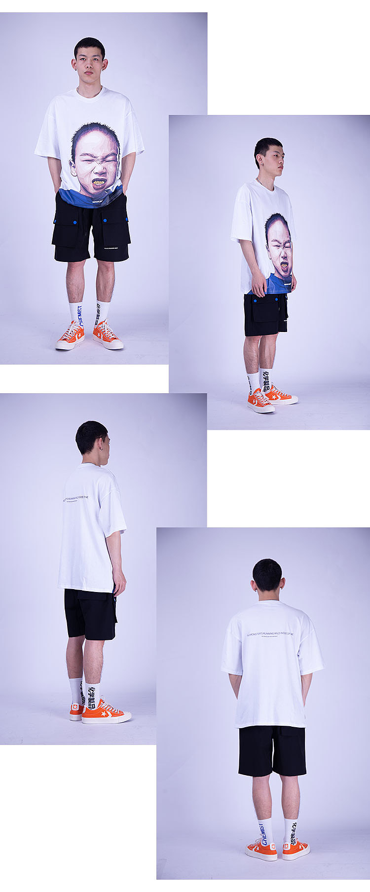 短袖潮流小孩嘻哈宽松复古潮牌街舞五分袖情侣装