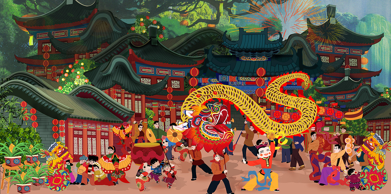 舞龙灯（图ZMTA2Nzk4NTY=） - 商业插画 - 站酷设计师意小沐原创素材 - 站酷ZCOOL