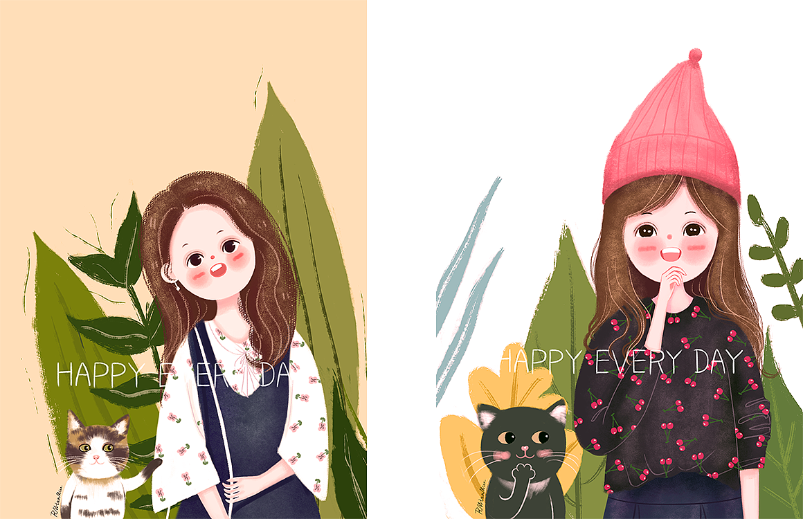 手绘圆圆脸韩系少女人物插画宠物（图ZMjEyMDE4MDU2） - 创作习作 - 站酷设计师小幸运~原创素材 - 站酷ZCOOL