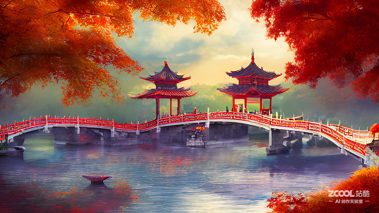 #AI创作实验室#水乡 小桥 亭子 秋天 火烧云