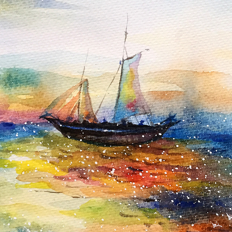 《孤帆倒影》原创水彩画