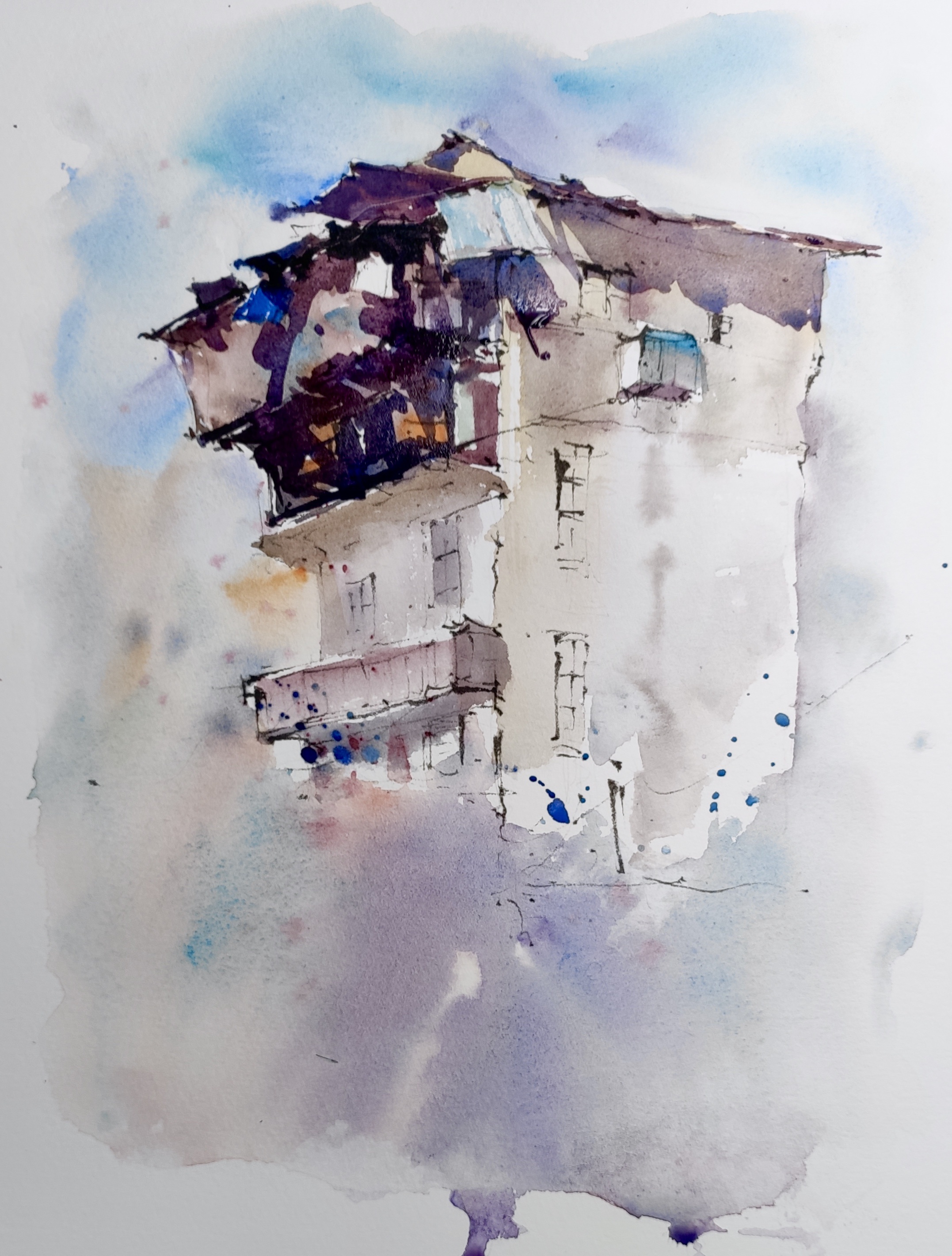 水彩插画,天空之城