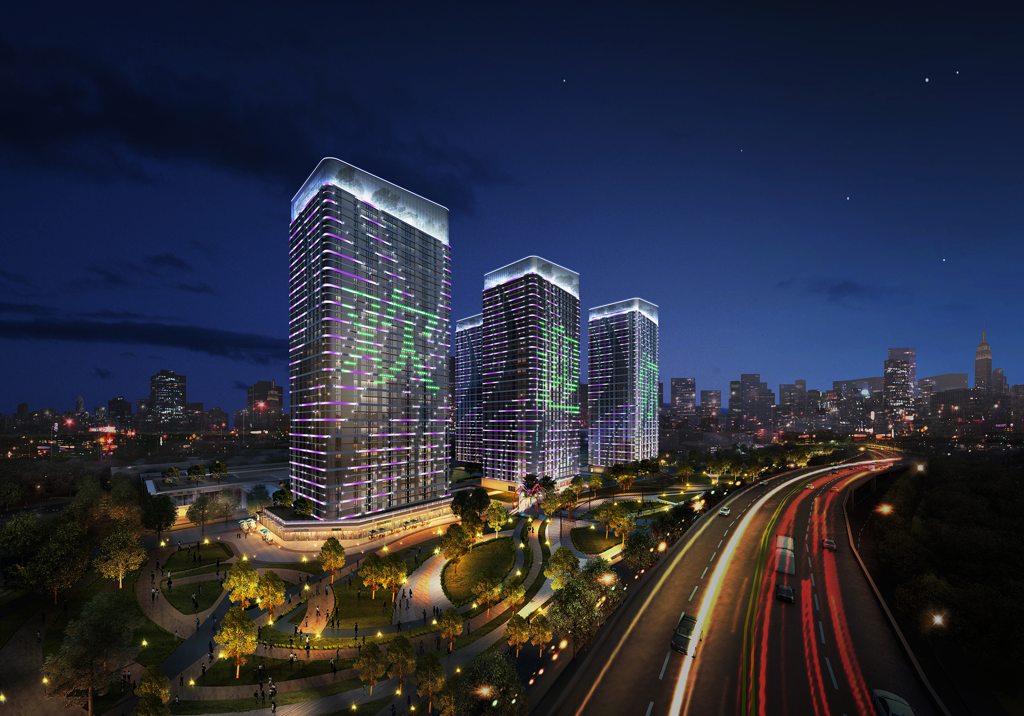 某个立面幕墙像叶子的商业建筑夜景灯光设计