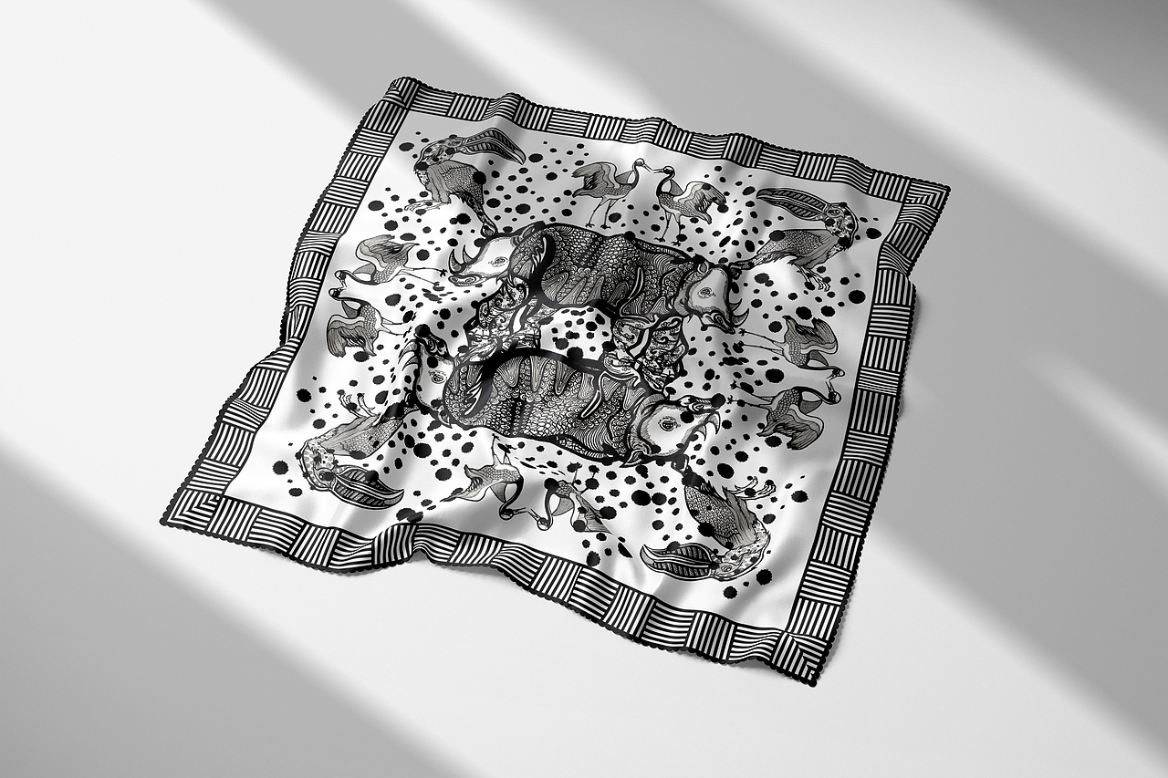 手绘动物组合图案丝巾/T恤设计