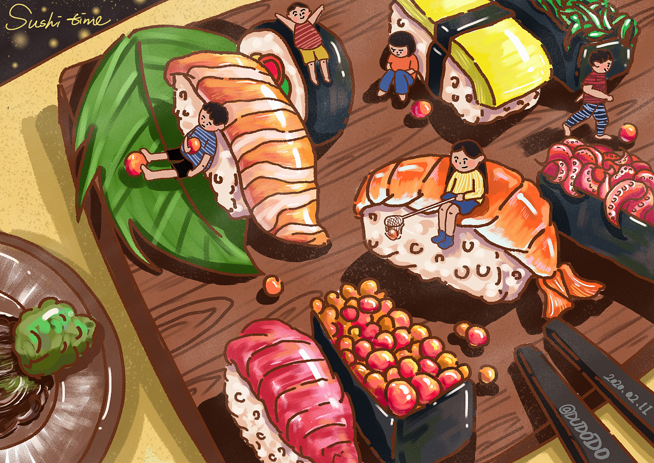 寿司时间到啦|插画|创作习作|dudododidodododo - 原创作品 - 站酷