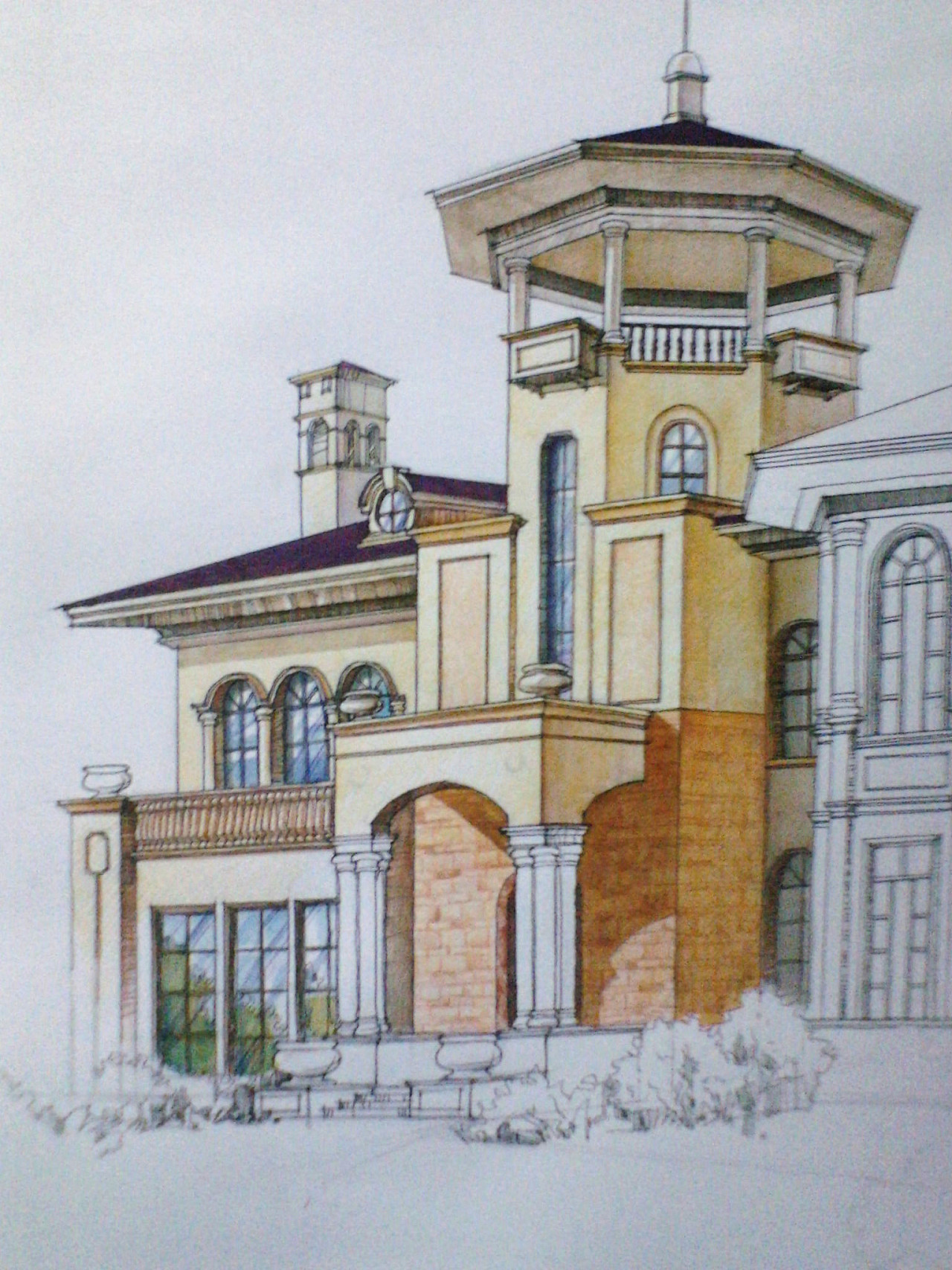 欧式风格别墅外观手绘效果图(上色步骤)