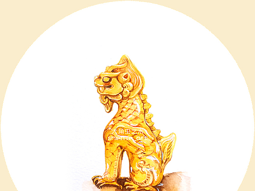 水彩手绘故宫太和殿屋脊兽