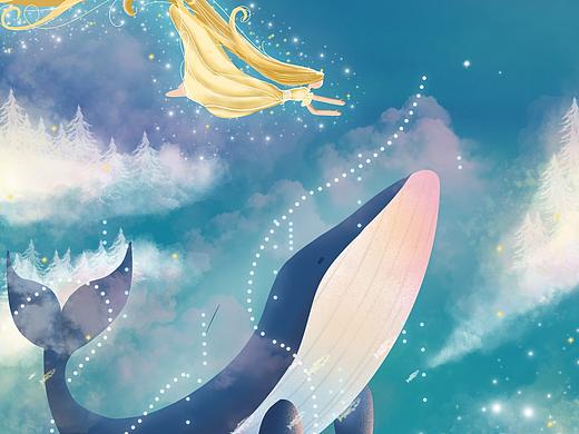 梦幻鲸鱼公主日系清新星空插画手机壁纸