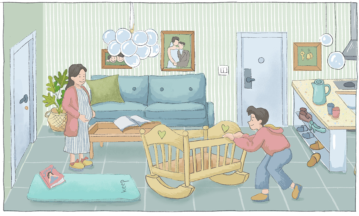 年轻夫妇的客厅
画的是我怀孕的时候,老公搬回了同事家的二手婴儿床。<br>那时候喜欢keep,房间里日常摆着瑜伽垫。<br>拍结婚照送了很多相框,很丑却全都挂在墙上。