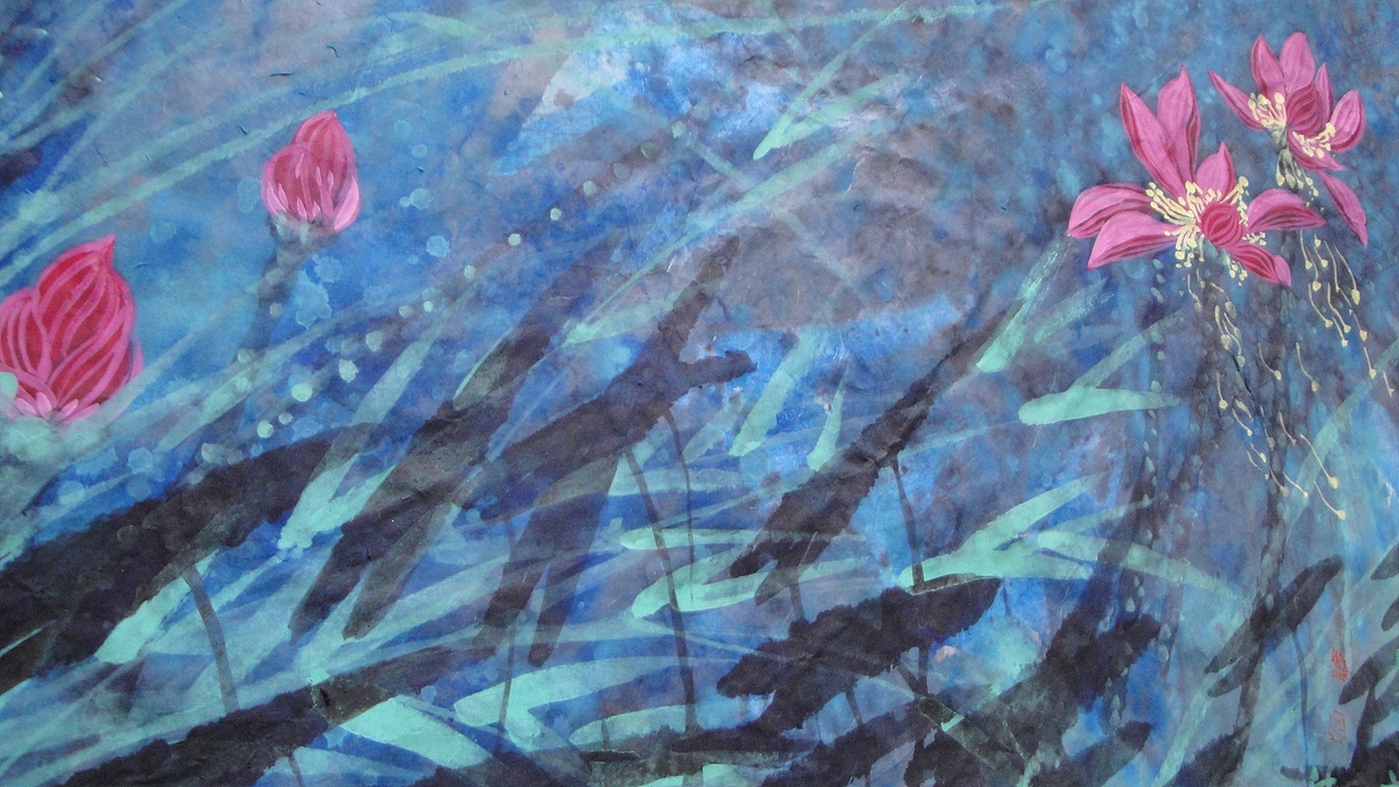 20150513通宵绘制——泼彩《夜色荷塘》两幅(附:绘画步骤图)