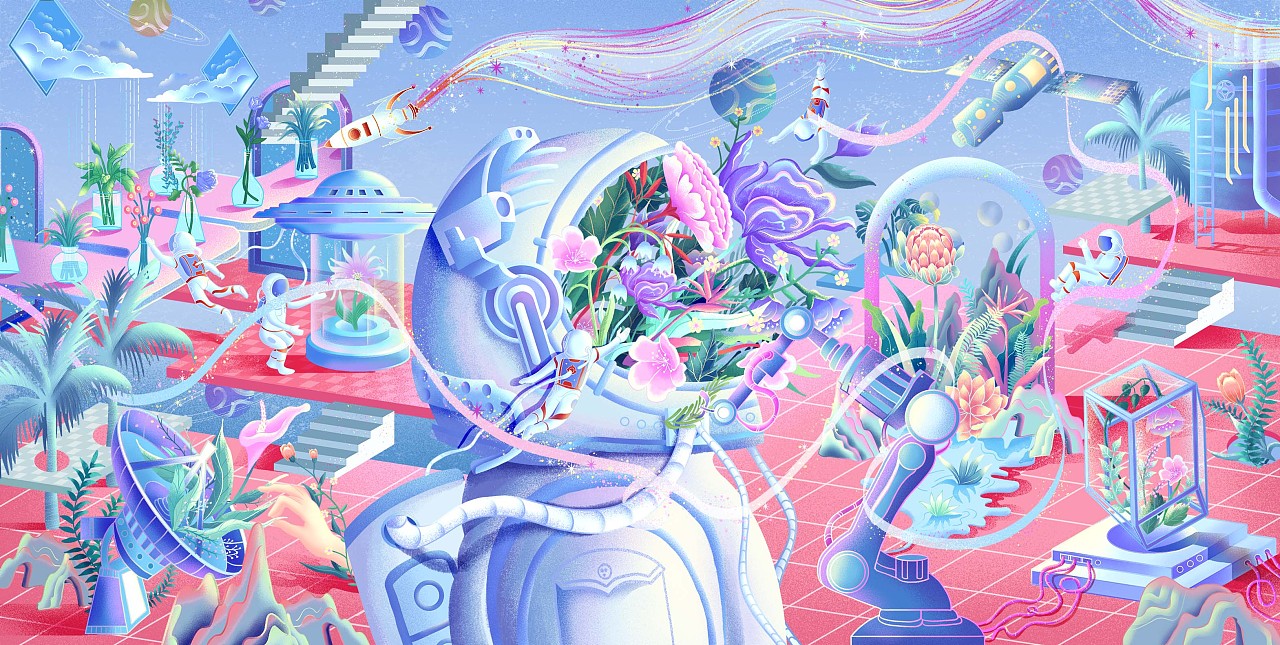 航天航空插画-幻游航天与自然间|插画|艺术插画|猫鹰鱼 - 原创作品