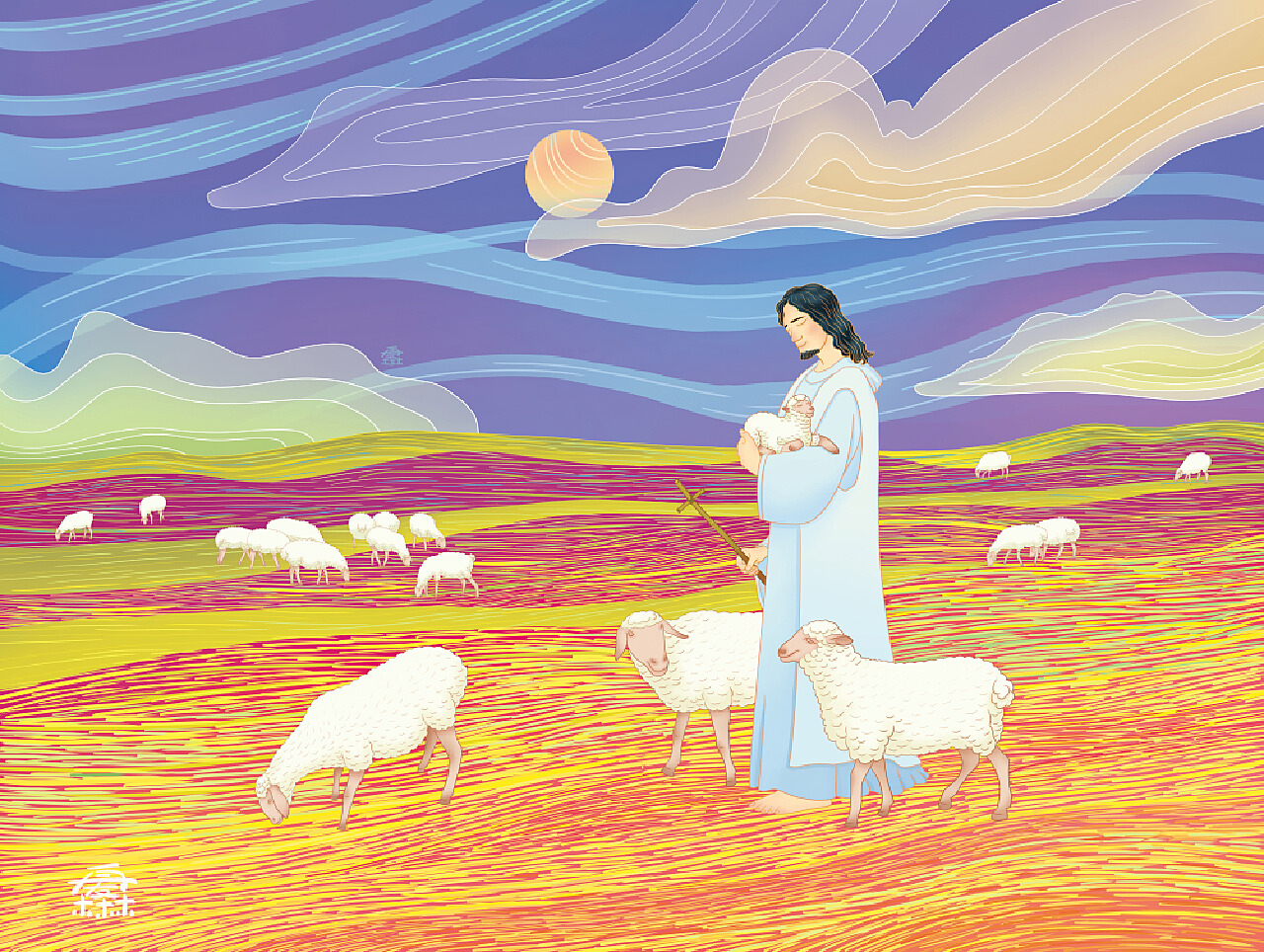 Picture: jesus holding a sheep | Cartoon Jesus holding stick and ...