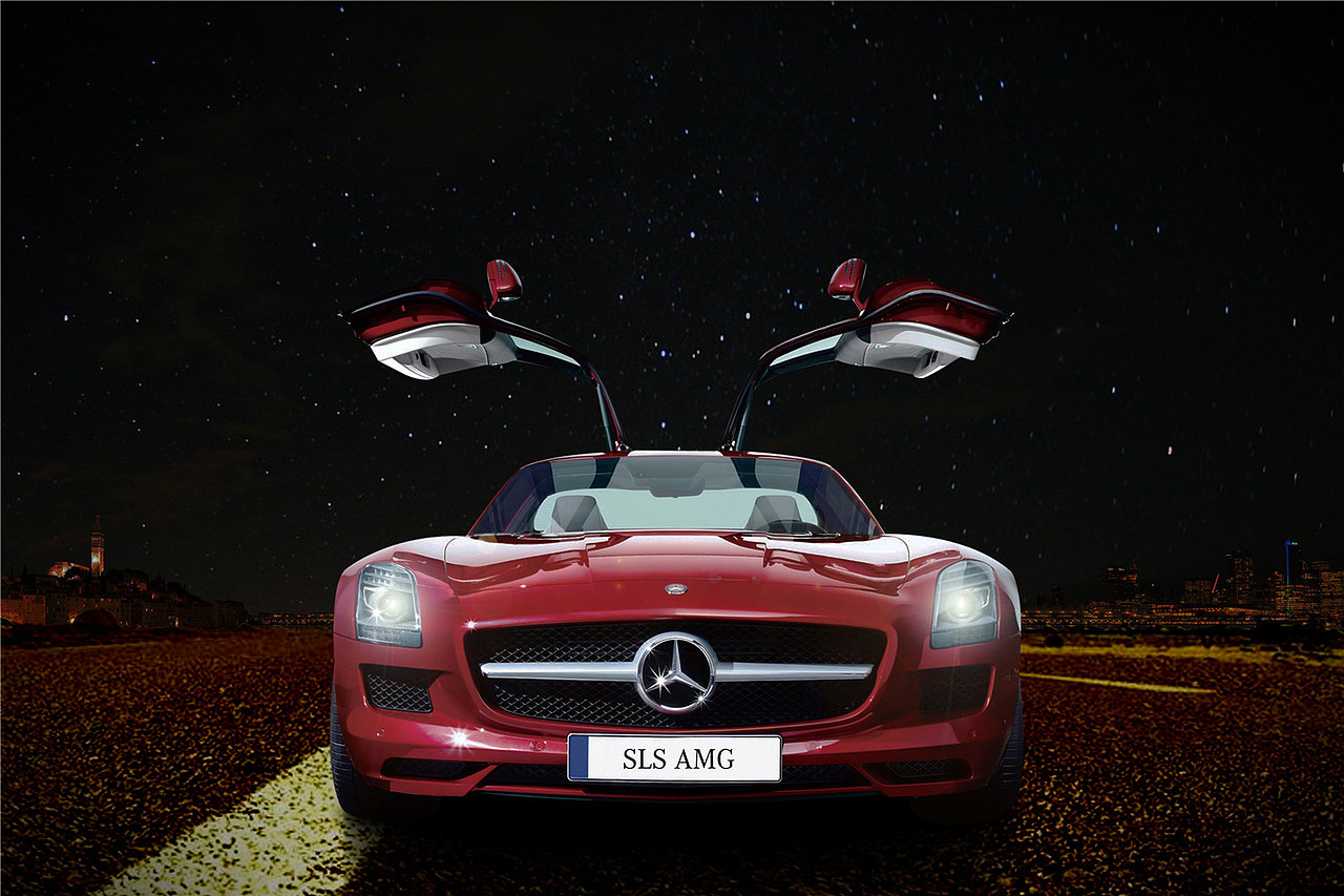 平面海报设计汽车の奔驰跑车海报合成制作