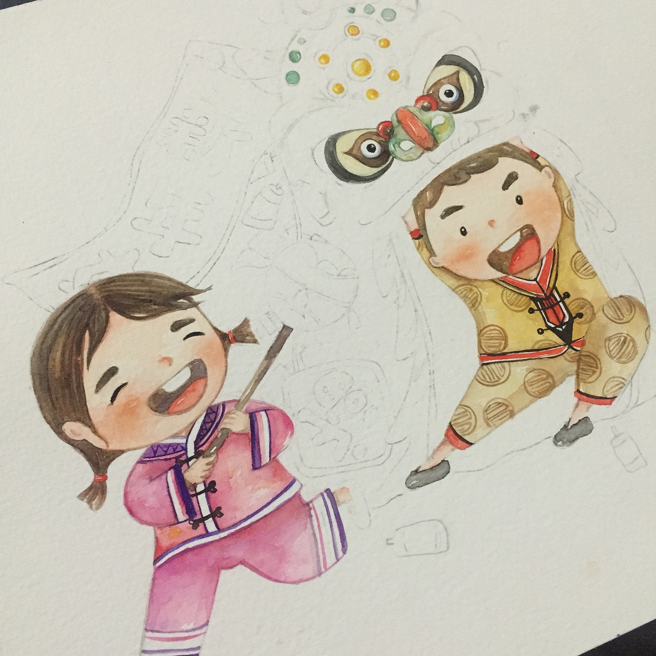 水彩插画—过年啦