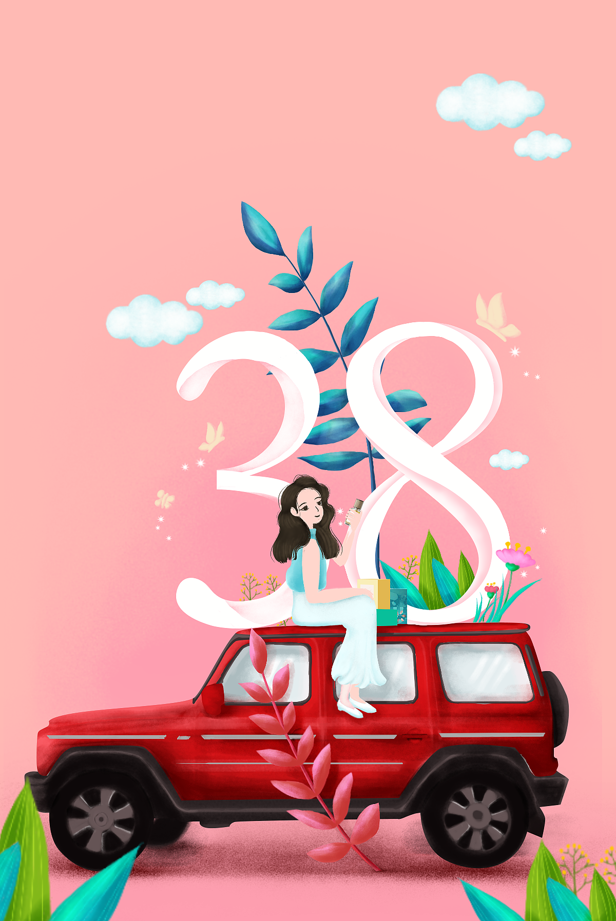38女王节手绘海报插画