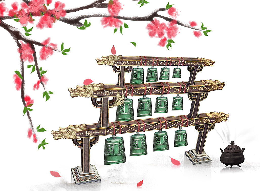 古风手绘《民乐与四季》琵琶阮竖琴编钟笙笛子古筝埙鼓|插画|商业插画