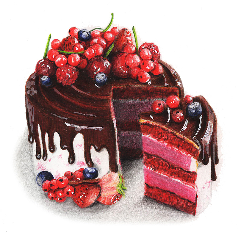 驴大萌彩铅教程336红加仑慕斯蛋糕手绘美食甜点